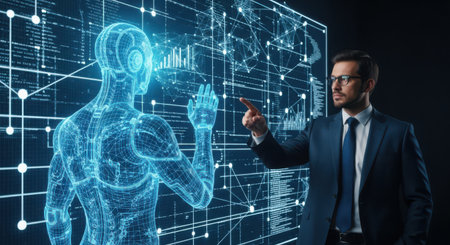 Businessman in suit touching hologram screen with digital human figure. Innovation concept. 3D Renderingの素材