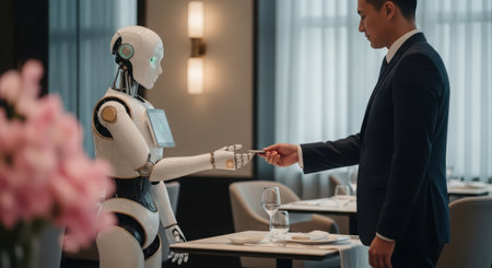 Businessman and robot shaking hands in a restaurant. Concept of business and technology.の素材