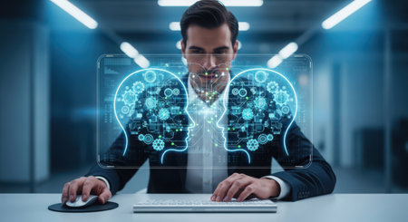 businessman working with computer and digital brain hologram, concept of artificial intelligenceの素材