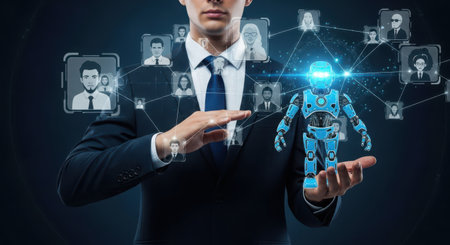 Businessman on blurred background using holographic robot interface 3D renderingの素材
