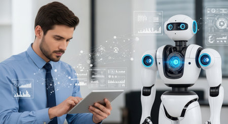 businessman using digital tablet with robot in office, future technology conceptの素材