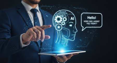 Machine learning artificial intelligence and machine learning technology concept. Businessman pressing button on screen.の素材