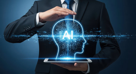 AI Artificial intelligence (AI) and machine learning concept. Businessman holding tablet computer with artificial intelligence (AI) icon.の素材