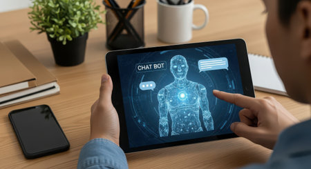 Chatbot on tablet screen. Artificial intelligence and machine learning concept.の素材