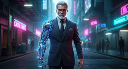 Cyborg businessman with his robotic arm in the city. 3D rendering.の素材