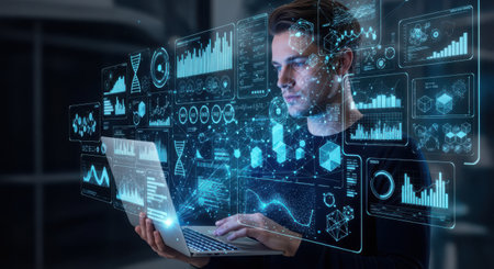 View of a Businessman working on a laptop with data interface - 3d renderingの素材