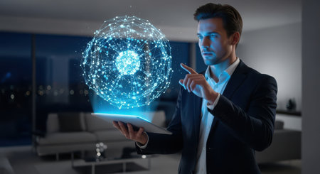 Businessman using digital tablet with hologram sphere on blurry office interior background 3D renderingの素材
