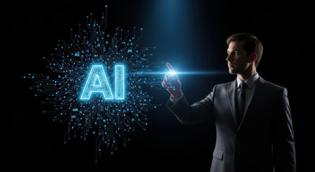 Businessman pressing futuristic artificial intelligence (AI) button on a virtual screen.の素材