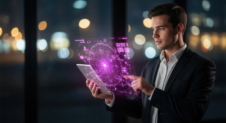 Handsome young businessman using tablet pc in office against night city lightsの素材