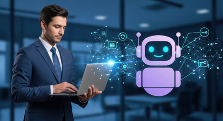 Businessman using laptop with robot hologram on blue background 3D renderingの素材