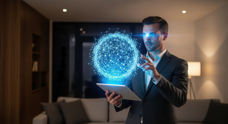 Businessman using digital tablet with hologram globe projection 3D renderingの素材