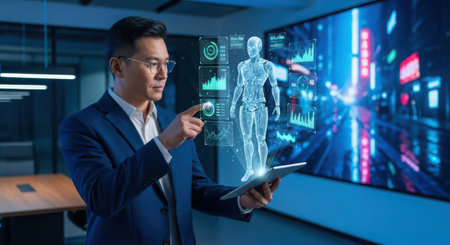 Businessman using digital tablet with hologram projection of human body in officeの素材