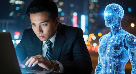 Artificial intelligence (AI) and machine learning concept. Businessman working on laptop computer in modern city at night. Double exposure.の素材