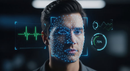 Man using artificial intelligence interface. Future technology and AI concept. Double exposureの素材