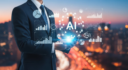 Businessman holding a virtual screen with an artificial intelligence (AI) conceptの素材