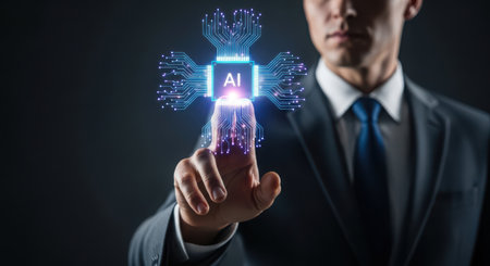 Businessman pressing artificial intelligence (AI) icon on virtual screen 3D renderingの素材