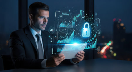 Businessman using tablet computer with padlock hologram over night city backgroundの素材