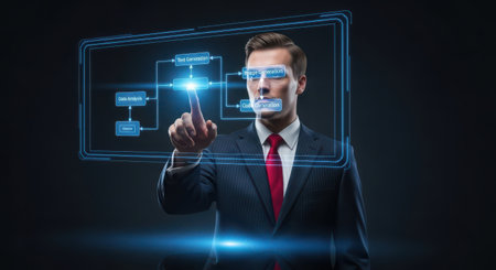 Businessman pressing virtual button on a touch screen interface. 3D renderingの素材
