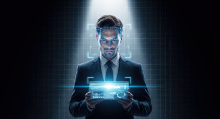 Businessman holding a tablet with a hologram. 3D renderingの素材