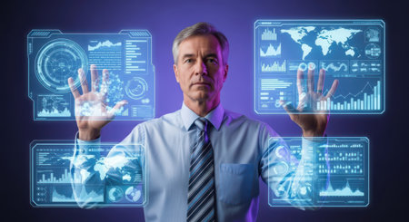 Businessman pressing high tech type of modern buttons on a virtual backgroundの素材