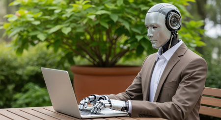Cyborg man working with laptop in the garden. Artificial intelligence concept.の素材