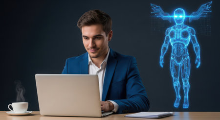 Businessman working with laptop and futuristic robot hologram on dark backgroundの素材