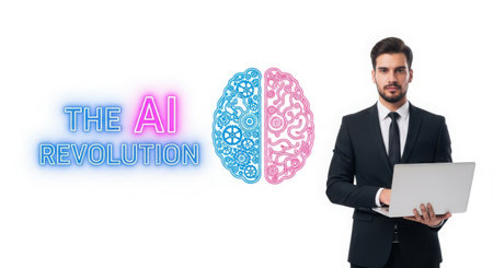 The view of a Businessman holding a laptop and brain with the inscriptionの素材