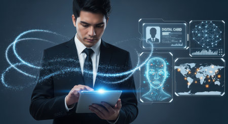 Businessman using tablet with virtual projection of human head. Artificial intelligence conceptの素材