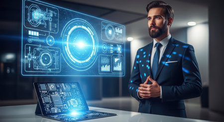 Businessman in office working with new modern computer interface. Mixed mediaの素材