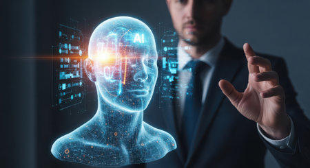 Businessman on blurred background using digital artificial intelligence interface 3D renderingの素材