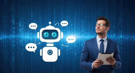 Businessman using tablet with artificial intelligence concept on blue background 3D renderingの素材