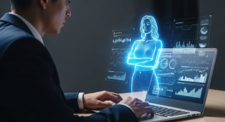 Businessman working on laptop with virtual hologram of female body in officeの素材