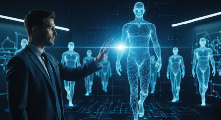 Businessman touching hologram screen with 3D rendering people silhouettesの素材