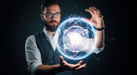 Businessman holding planet hologram in his hands. 3D renderingの素材