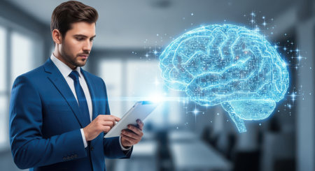 Businessman using tablet with digital brain hologram. 3D renderingの素材