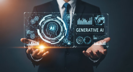 Green energy concept with businessman holding a glowing hologram on his handの素材