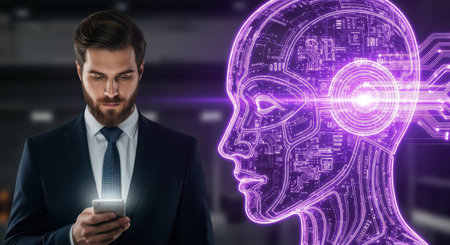 businessman using smartphone with artificial intelligence head interface on blurry office interiorの素材