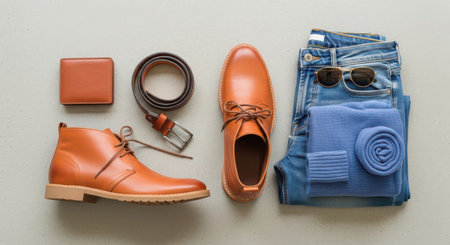 Men's clothing and accessories on a light background. Top view.の素材