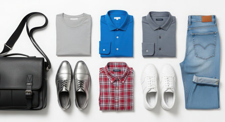 Men's clothing and accessories on a white background. Top view.の素材