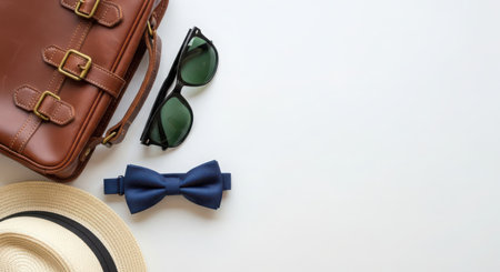 Suitcase, hat, sunglasses and bow tie on white backgroundの素材