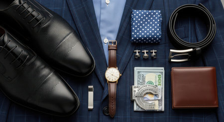 Businessman's accessories and money. Men's clothing and accessories.の素材