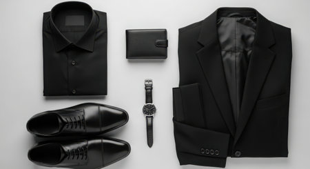 Men's black suit and accessories on a white background. Top view.の素材