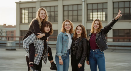 group of young beautiful hipster girls having fun and posing in the cityの素材
