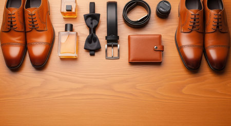 Men's accessories on the wooden background. Top view. Flat lay.の素材