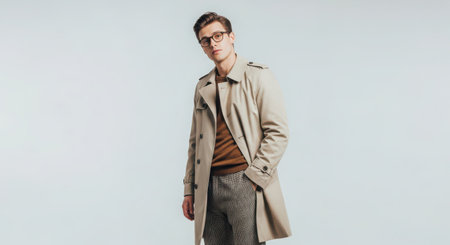 stylish young man in beige coat and glasses looking away isolated on greyの素材