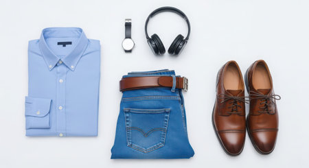 Men's clothing and accessories on a white background. Top view.の素材