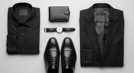 Black men's clothing and accessories on a white background, top viewの素材