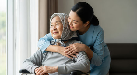 elderly asian woman with her caregiver in nursing homeの素材