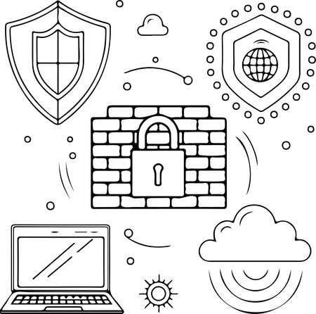 A detailed cybersecurity illustration including shield protection, firewall lock, cloud security, laptop, and encrypted network concepts. Perfect for IT services, tech presentationのイラスト素材