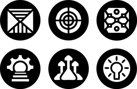 A collection of bold symbols featuring targets, focus points, strategy arrows, and achievement icons. Suitable for goal-setting graphics, business concepts, and marketing visuals.のイラスト素材